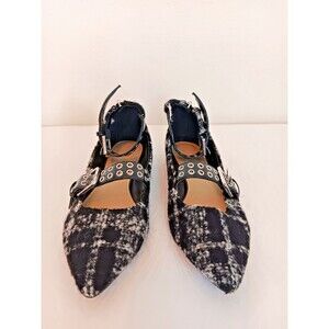 Marc Fisher Plaid Wool Blend Mary Jane Flats Studded Buckle Pointed Toe Size 7.5